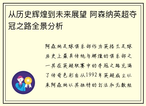 从历史辉煌到未来展望 阿森纳英超夺冠之路全景分析